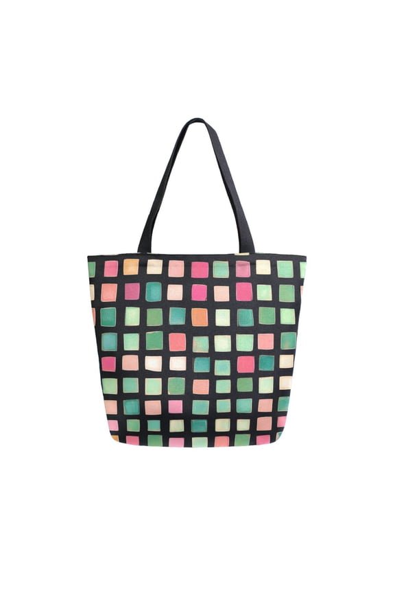 Womens Canvas Tote Bag with Zipper Inner Pocket Shoulder Handbag, Green Block Pattern
