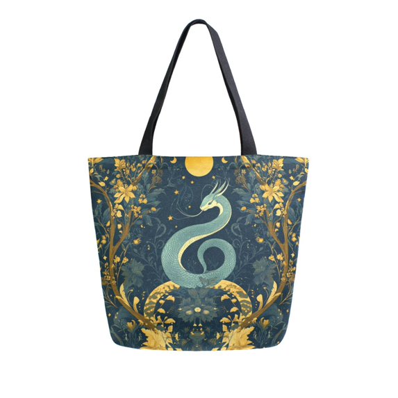 FORMRS Womens Canvas Tote Bag with Zipper Inner Pocket Shoulder Handbag, Green Celestial Serpent