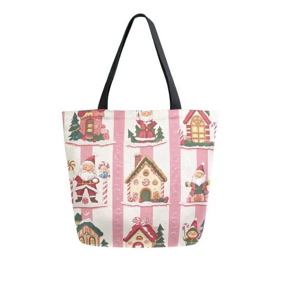 FORMRS Womens Canvas Tote Bag with Zipper Inner Pocket Shoulder Handbag, Green Christmas Houses