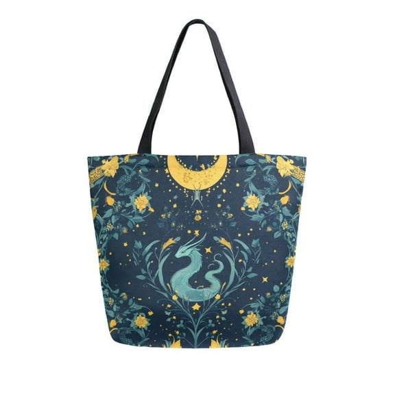 FORMRS Womens Canvas Tote Bag with Zipper Inner Pocket Shoulder Handbag, Green Dragon Flowers
