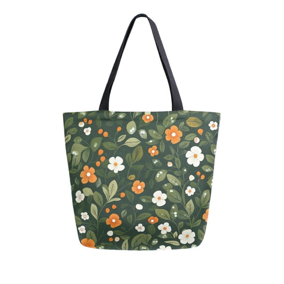 FORMRS Womens Canvas Tote Bag with Zipper Inner Pocket Shoulder Handbag, Green Flowers Pattern