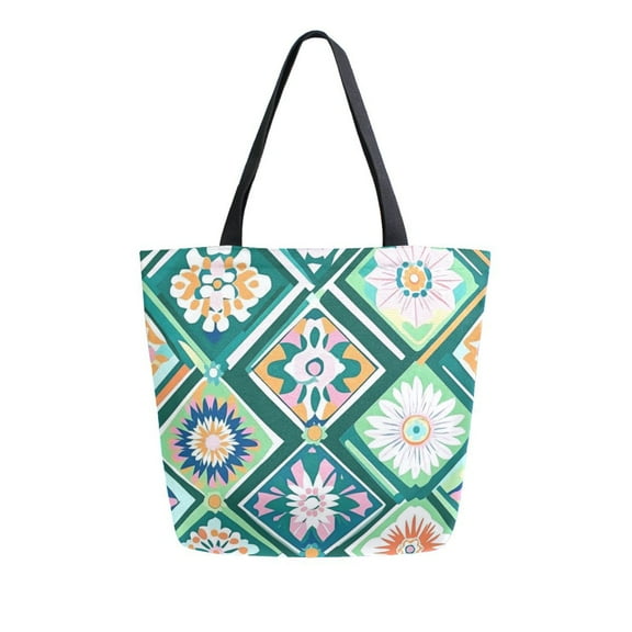 FORMRS Womens Canvas Tote Bag with Zipper Inner Pocket Shoulder Handbag, Green Geometric Flowers
