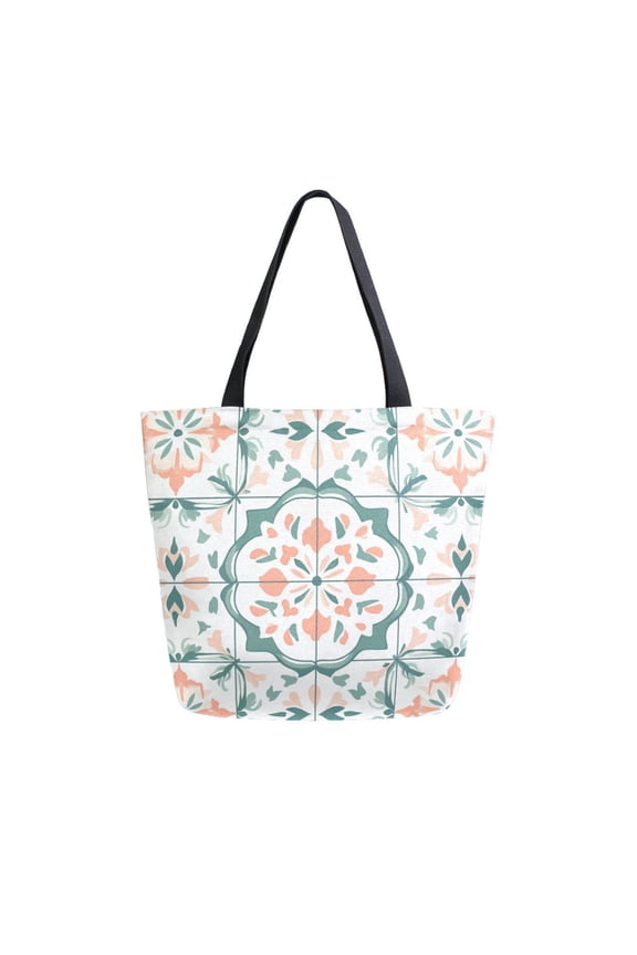 Womens Canvas Tote Bag with Zipper Inner Pocket Shoulder Handbag, Green Geometric Pattern