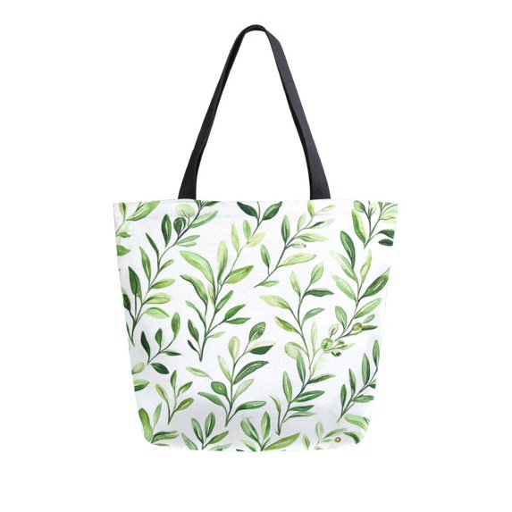 FORMRS Womens Canvas Tote Bag with Zipper Inner Pocket Shoulder Handbag, Green Leafy Pattern