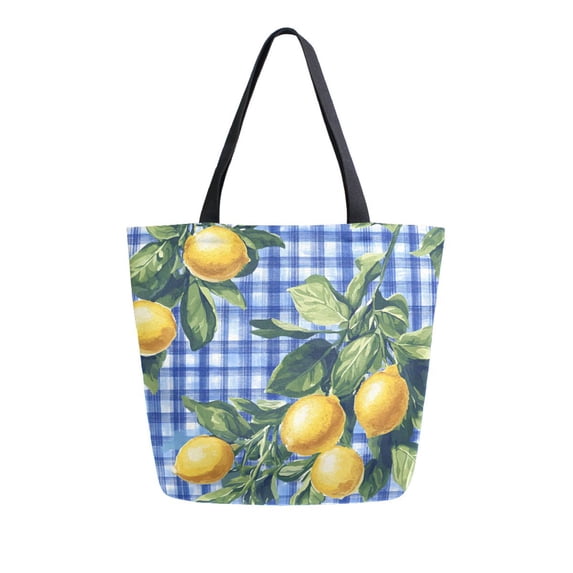 FORMRS Womens Canvas Tote Bag with Zipper Inner Pocket Shoulder Handbag, Green Lemon Plaid