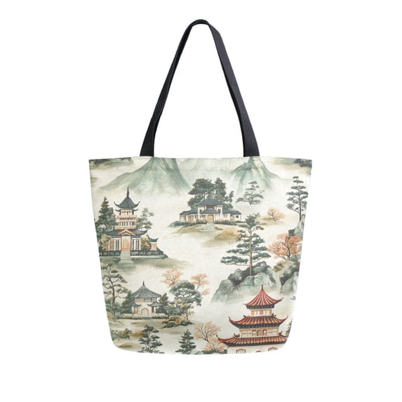 FORMRS Womens Canvas Tote Bag with Zipper Inner Pocket Shoulder Handbag, Green Mountain Pattern