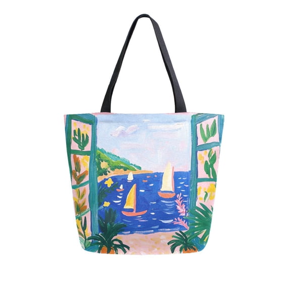 FORMRS Womens Canvas Tote Bag with Zipper Inner Pocket Shoulder Handbag, Green Seaside