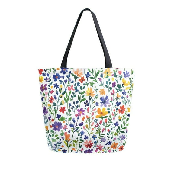 FORMRS Womens Canvas Tote Bag with Zipper Inner Pocket Shoulder Handbag, Green Wildflower Pattern
