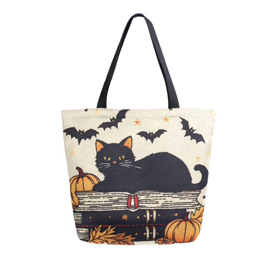 FORMRS Womens Canvas Tote Bag with Zipper Inner Pocket Shoulder Handbag, Halloween Cat