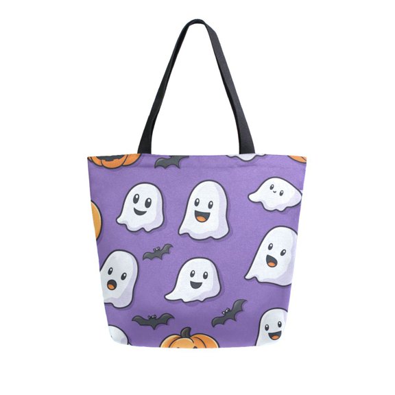 FORMRS Womens Canvas Tote Bag with Zipper Inner Pocket Shoulder Handbag, Halloween Ghosts Purple