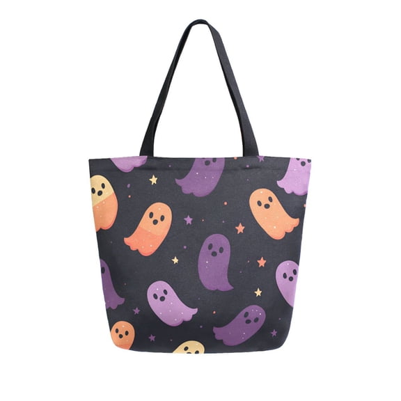FORMRS Womens Canvas Tote Bag with Zipper Inner Pocket Shoulder Handbag, Halloween Purple Ghosts