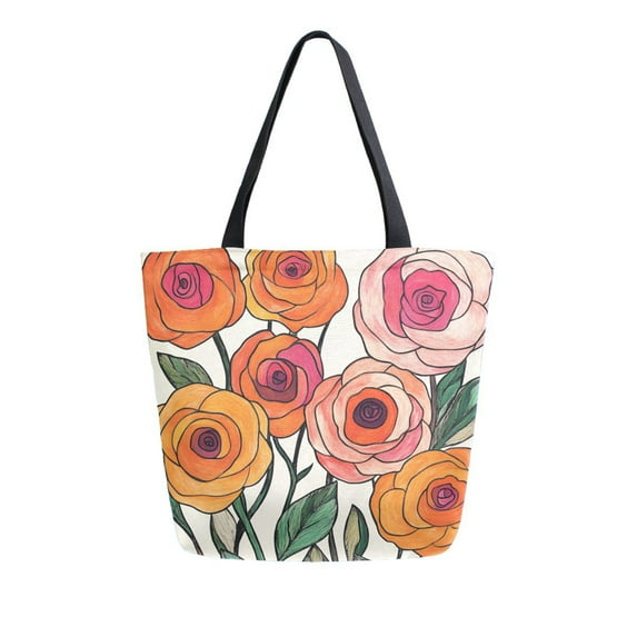 FORMRS Womens Canvas Tote Bag with Zipper Inner Pocket Shoulder Handbag, Hand Drawn Floral