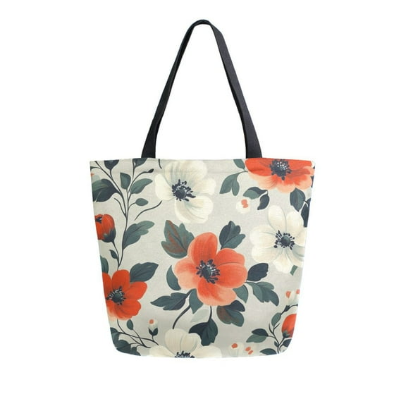 FORMRS Womens Canvas Tote Bag with Zipper Inner Pocket Shoulder Handbag, Large Red Floral Pattern