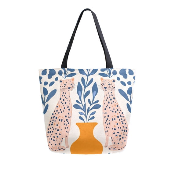 FORMRS Womens Canvas Tote Bag with Zipper Inner Pocket Shoulder Handbag, Leopards Leaves