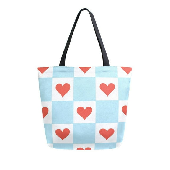 FORMRS Womens Canvas Tote Bag with Zipper Inner Pocket Shoulder Handbag, Light Blue Checkered Heart