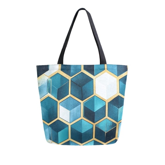 FORMRS Womens Canvas Tote Bag with Zipper Inner Pocket Shoulder Handbag, Light Blue Geometric Pattern