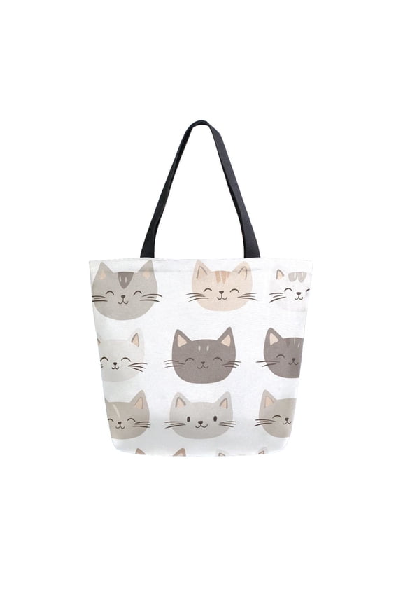 Womens Canvas Tote Bag with Zipper Inner Pocket Shoulder Handbag, Light Gray Cat Pattern