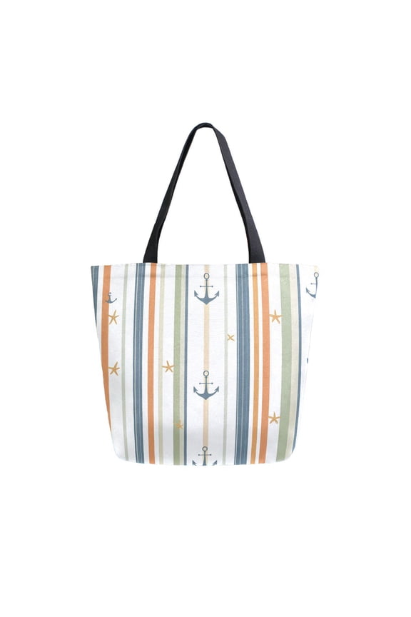 Womens Canvas Tote Bag with Zipper Inner Pocket Shoulder Handbag, Nautical Pattern