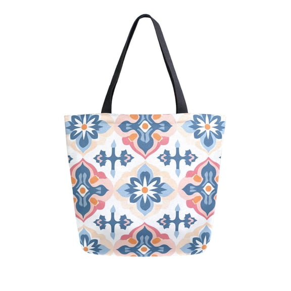 FORMRS Womens Canvas Tote Bag with Zipper Inner Pocket Shoulder Handbag, Navy Blossom Mosaic