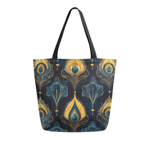 FORMRS Womens Canvas Tote Bag with Zipper Inner Pocket Shoulder Handbag, Navy Blue Art Pattern