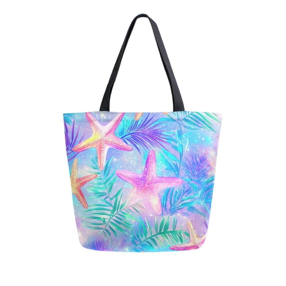 FORMRS Womens Canvas Tote Bag with Zipper Inner Pocket Shoulder Handbag, Neon Starfish Pattern