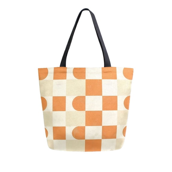 FORMRS Womens Canvas Tote Bag with Zipper Inner Pocket Shoulder Handbag, Orange Checkered Pattern