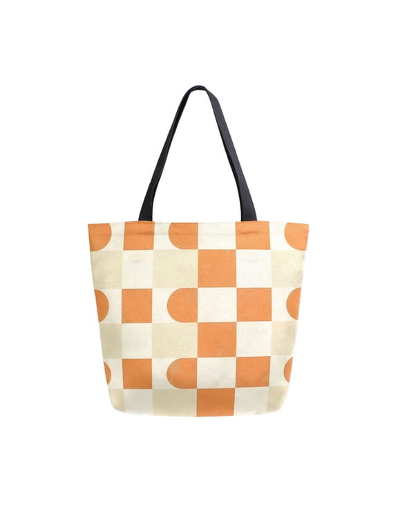 Womens Canvas Tote Bag with Zipper Inner Pocket Shoulder Handbag, Orange Checkered Pattern