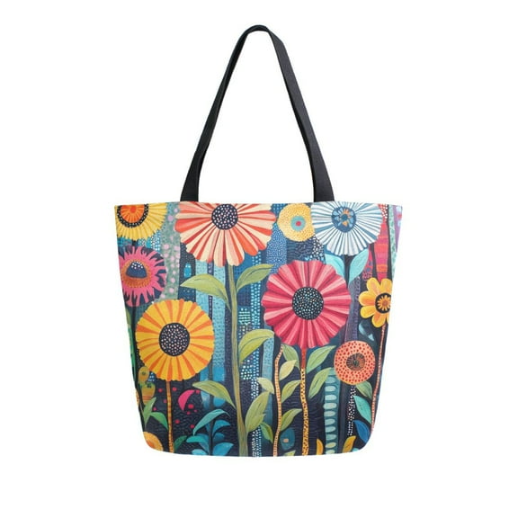 FORMRS Womens Canvas Tote Bag with Zipper Inner Pocket Shoulder Handbag, Orange Colorful Flowers
