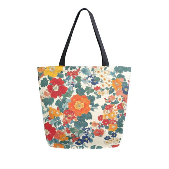 FORMRS Womens Canvas Tote Bag with Zipper Inner Pocket Shoulder Handbag, Orange Japanese Flowers Pattern