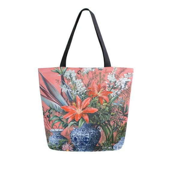 FORMRS Womens Canvas Tote Bag with Zipper Inner Pocket Shoulder Handbag, Orange Vibrant Flowers