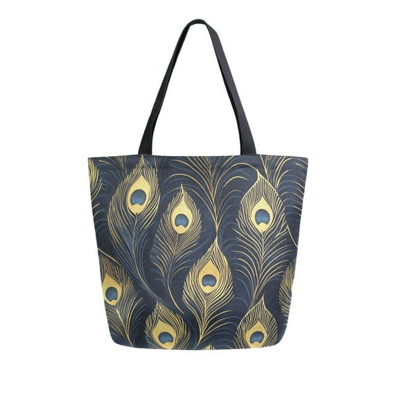 FORMRS Womens Canvas Tote Bag with Zipper Inner Pocket Shoulder Handbag, Peacock Feathers Pattern