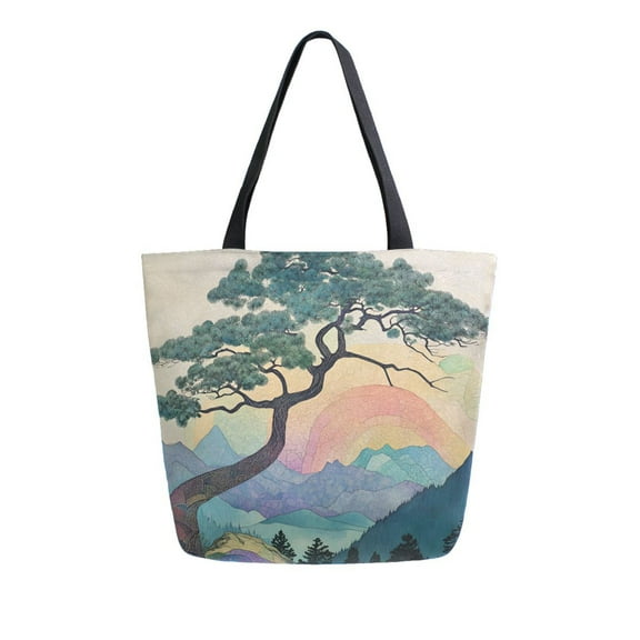 FORMRS Womens Canvas Tote Bag with Zipper Inner Pocket Shoulder Handbag, Pine Tree Rainbow