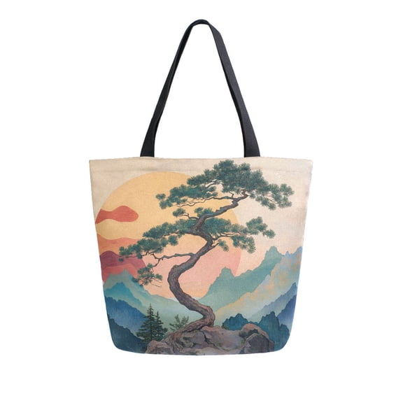FORMRS Womens Canvas Tote Bag with Zipper Inner Pocket Shoulder Handbag, Pine Tree at Dawn