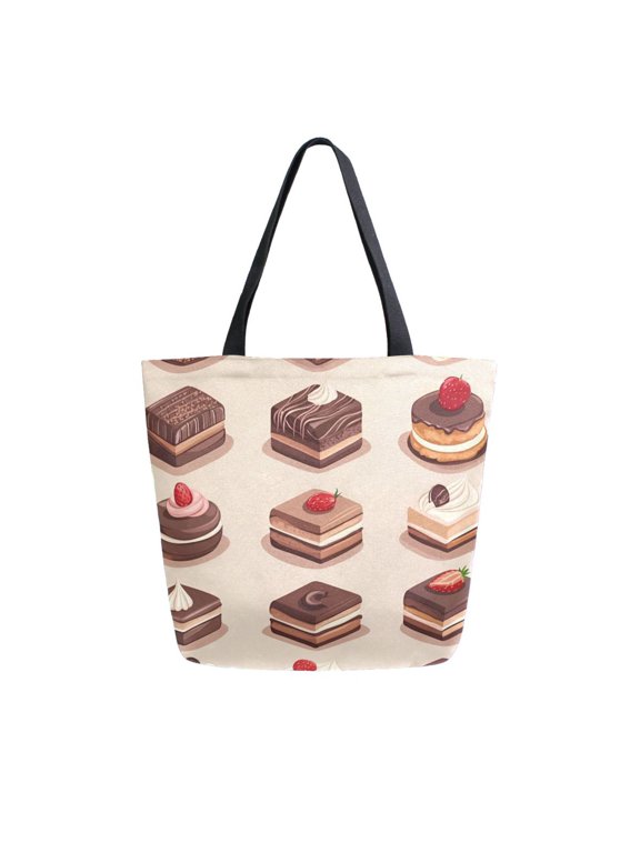 Womens Canvas Tote Bag with Zipper Inner Pocket Shoulder Handbag, Pink Cakes