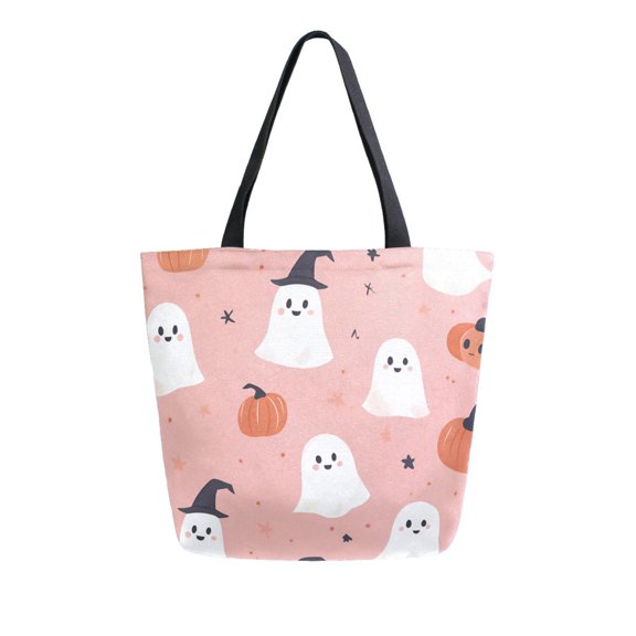 FORMRS Womens Canvas Tote Bag with Zipper Inner Pocket Shoulder Handbag, Pink Cartoon Halloween