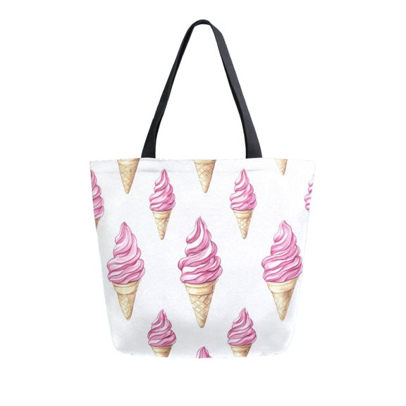 FORMRS Womens Canvas Tote Bag with Zipper Inner Pocket Shoulder Handbag, Pink Cartoon Ice Cream