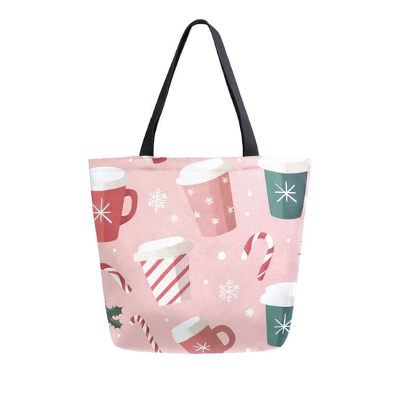 FORMRS Womens Canvas Tote Bag with Zipper Inner Pocket Shoulder Handbag, Pink Christmas Cups