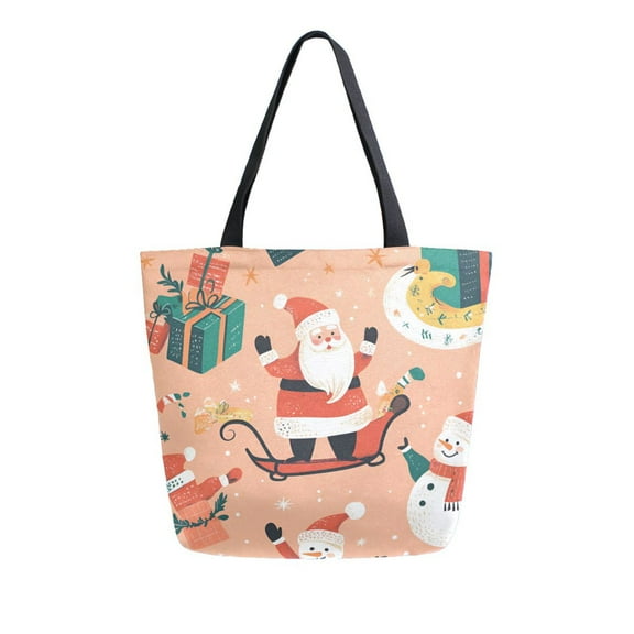 FORMRS Womens Canvas Tote Bag with Zipper Inner Pocket Shoulder Handbag, Pink Christmas Santa