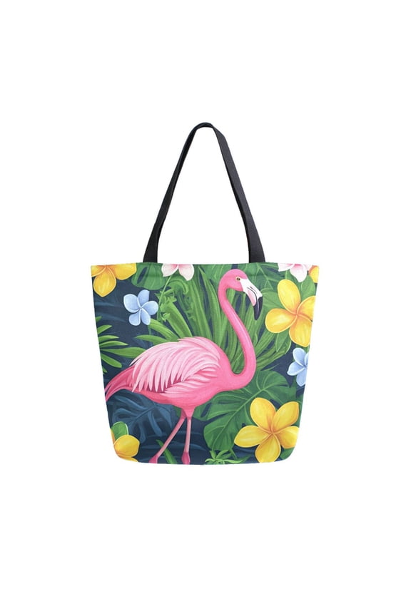Womens Canvas Tote Bag with Zipper Inner Pocket Shoulder Handbag, Pink Flamingo Pattern