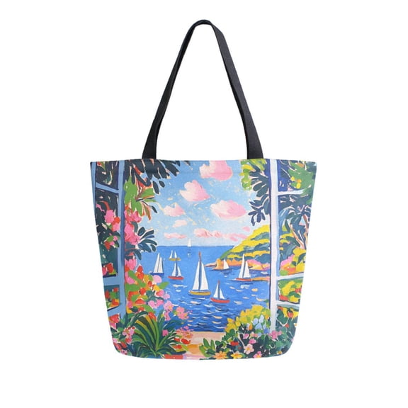 FORMRS Womens Canvas Tote Bag with Zipper Inner Pocket Shoulder Handbag, Pink Floral Window