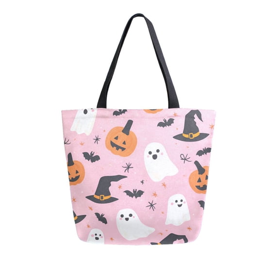 FORMRS Womens Canvas Tote Bag with Zipper Inner Pocket Shoulder Handbag, Pink Halloween Ghosts