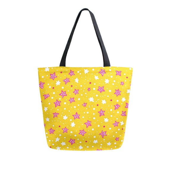 FORMRS Womens Canvas Tote Bag with Zipper Inner Pocket Shoulder Handbag, Pink White Stars