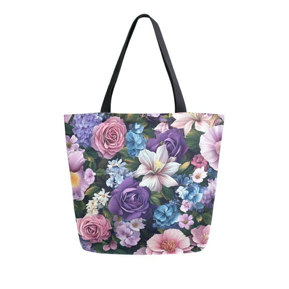 FORMRS Womens Canvas Tote Bag with Zipper Inner Pocket Shoulder Handbag, Pink and Purple Flowers