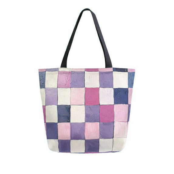 FORMRS Womens Canvas Tote Bag with Zipper Inner Pocket Shoulder Handbag, Pink and Purple Plaid Pattern