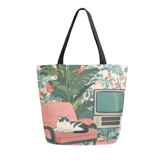 FORMRS Womens Canvas Tote Bag with Zipper Inner Pocket Shoulder Handbag, Pink and White Cat