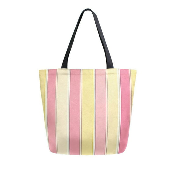 FORMRS Womens Canvas Tote Bag with Zipper Inner Pocket Shoulder Handbag, Pink and Yellow Striped Pattern