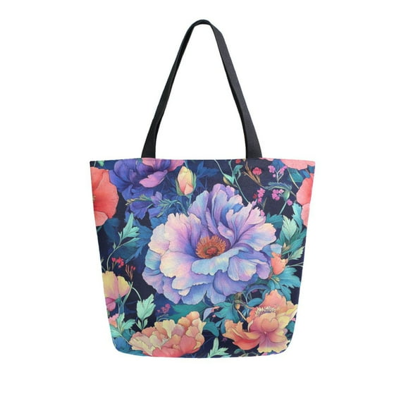 FORMRS Womens Canvas Tote Bag with Zipper Inner Pocket Shoulder Handbag, Puprle Ethereal Floral Harmony