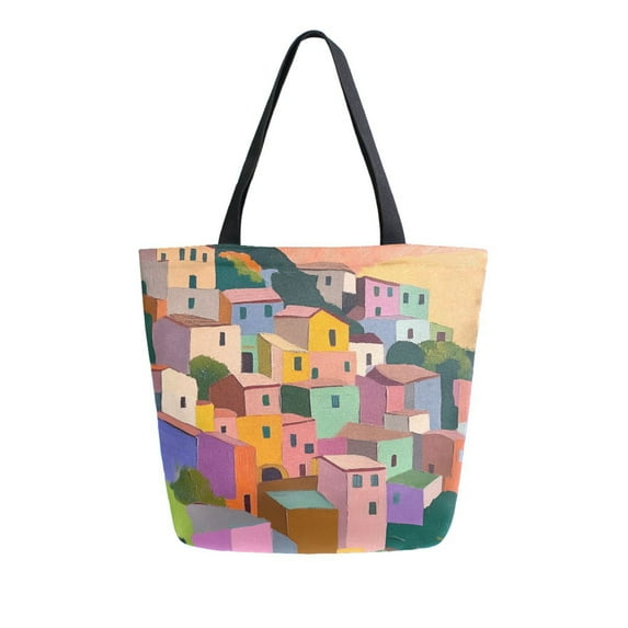 FORMRS Womens Canvas Tote Bag with Zipper Inner Pocket Shoulder Handbag, Purple Cityscape Painting