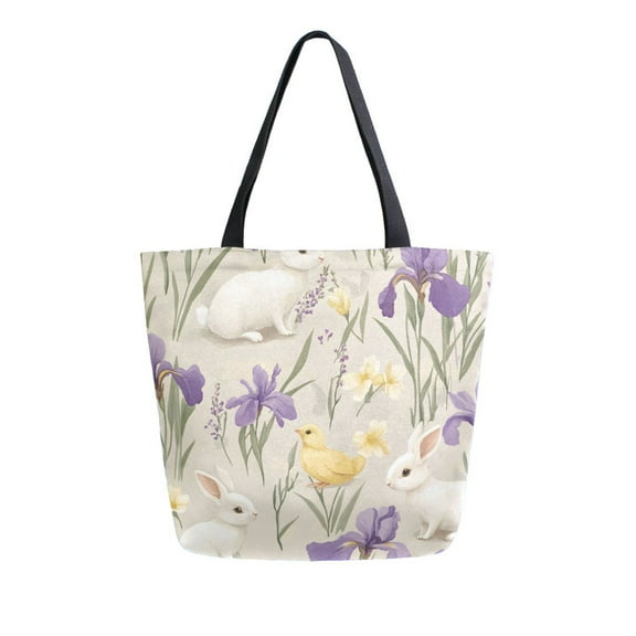 FORMRS Womens Canvas Tote Bag with Zipper Inner Pocket Shoulder Handbag, Purple Floral Rabbit