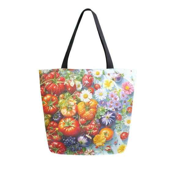 FORMRS Womens Canvas Tote Bag with Zipper Inner Pocket Shoulder Handbag, Purple Floral Tomatoes